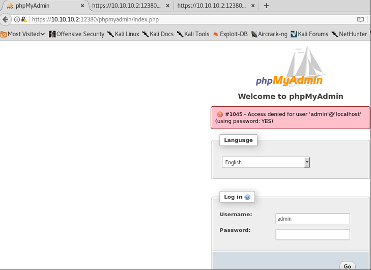 Stapler Vulnhub Target Discovery - phpMyAdmin login screen