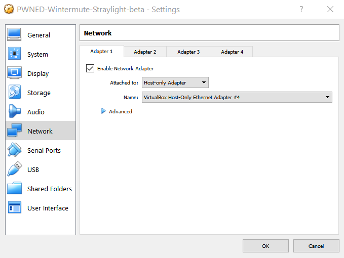 Vulnhub Wintermute - VirtualBox Setup - Assign first NIC to Straylight