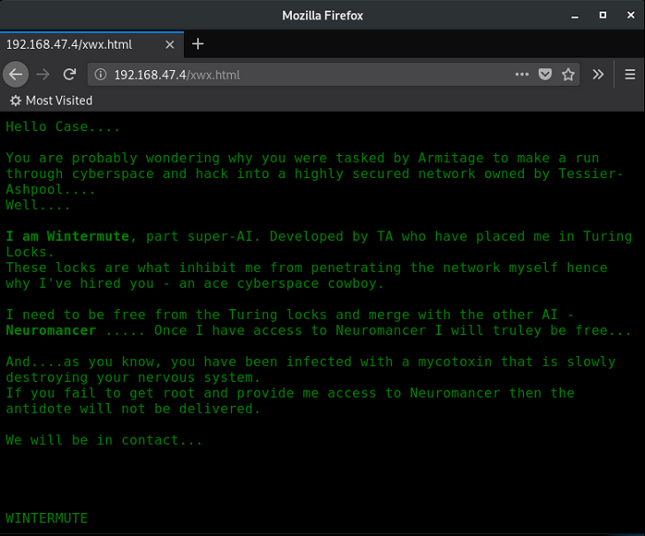 Vulnhub Wintermute Straylight - Web Recon - Green Screen